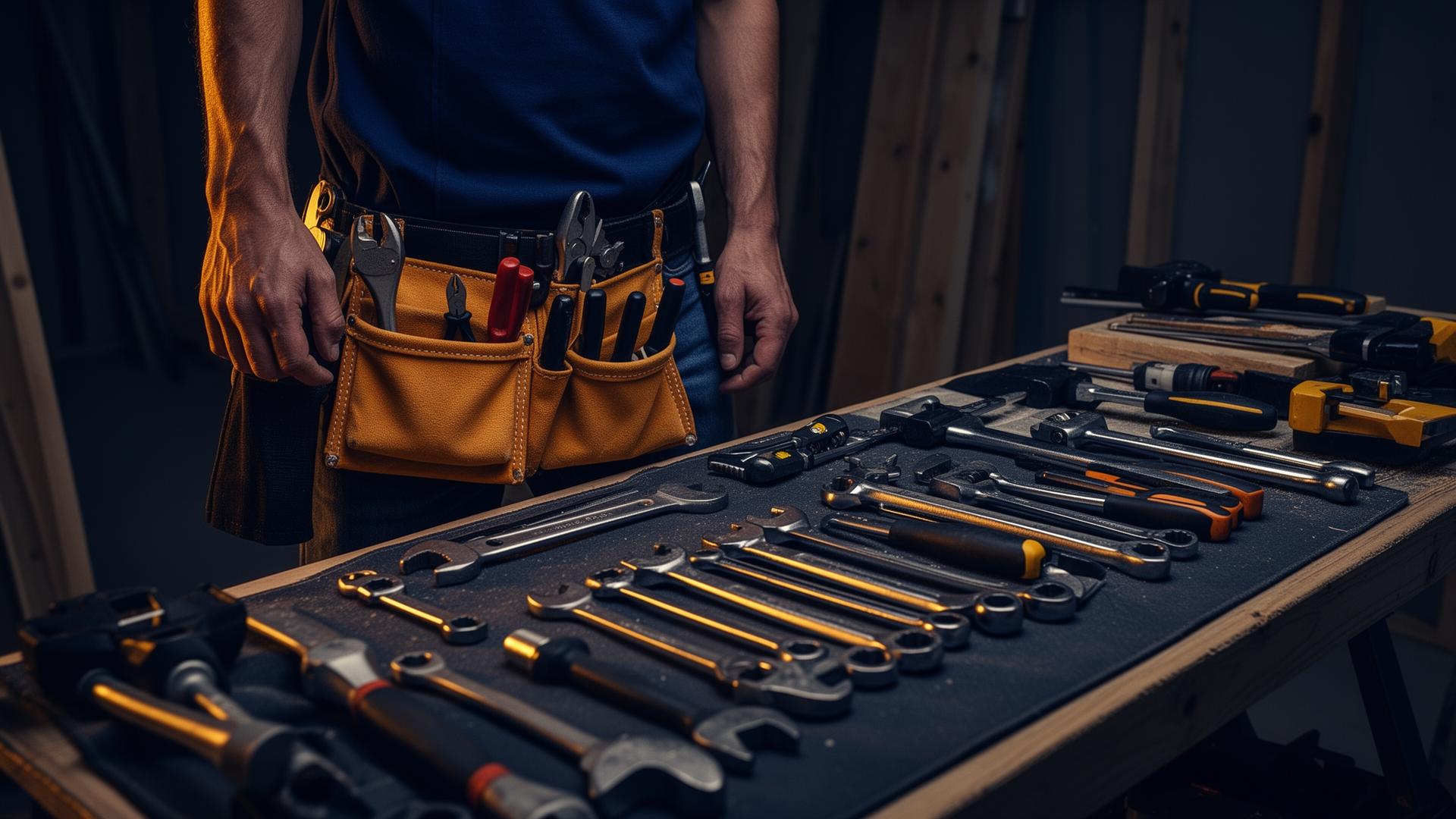 Electrician tools and tool belt on a workbench
