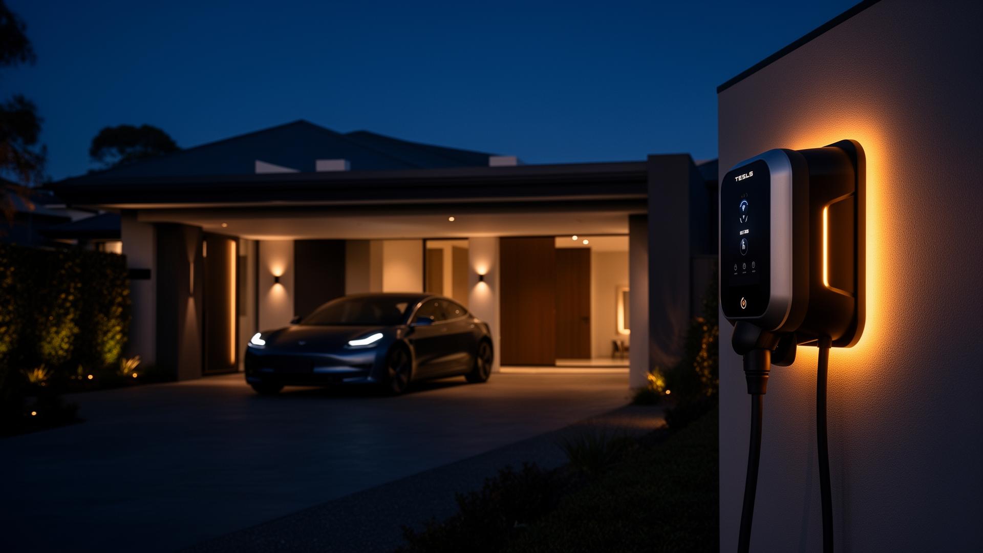 EV charger glowing at a modern home at twilight