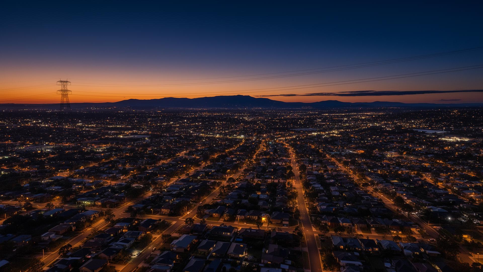 Aerial view of Western Sydney suburbs at dusk